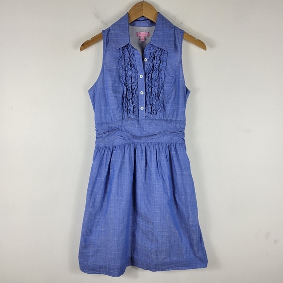 Lilly Pulitzer Essie Chambray Ruffle Sleeveless Button Up Sheath Shirt Dress - Picture 2 of 15
